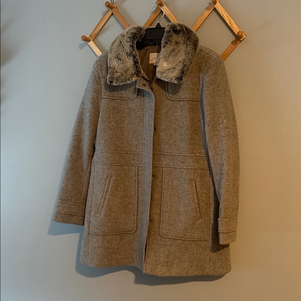 LOFT Grey Pea Coat with Faux Fur Collar